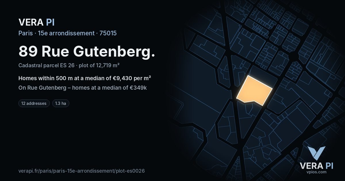 89 Rue Gutenberg, 15e arrondissement at night – the plot lit, the parcels around coloured by the prices near them