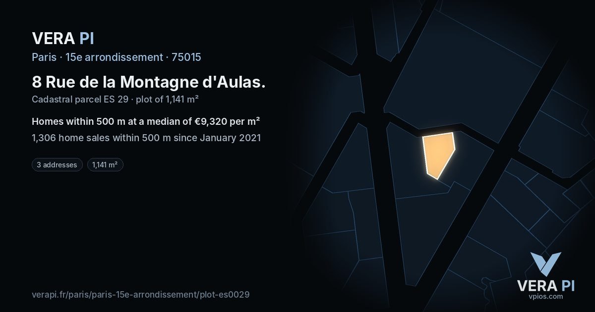 8 Rue de la Montagne d'Aulas, 15e arrondissement at night – the plot lit, the parcels around coloured by the prices near them