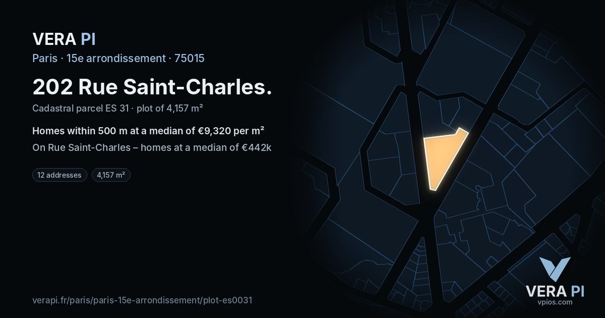 202 Rue Saint-Charles, 15e arrondissement at night – the plot lit, the parcels around coloured by the prices near them