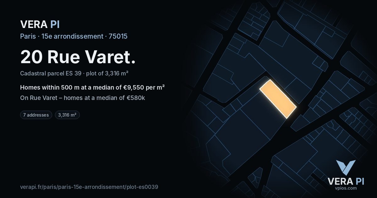 20 Rue Varet, 15e arrondissement at night – the plot lit, the parcels around coloured by the prices near them