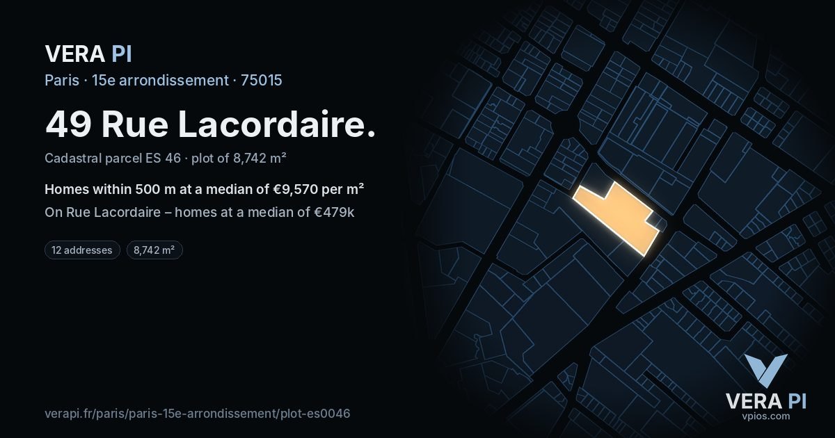 49 Rue Lacordaire, 15e arrondissement at night – the plot lit, the parcels around coloured by the prices near them