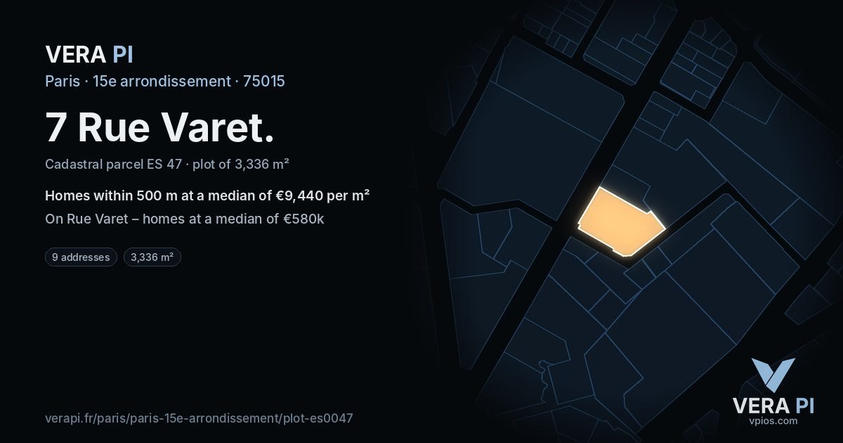 7 Rue Varet, 15e arrondissement at night – the plot lit, the parcels around coloured by the prices near them