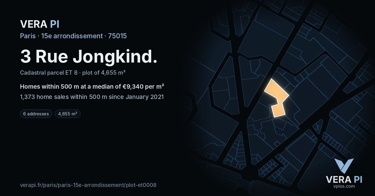 3 Rue Jongkind, 15e arrondissement at night – the plot lit, the parcels around coloured by the prices near them