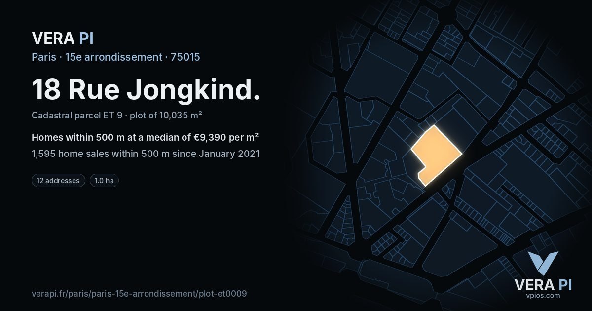 18 Rue Jongkind, 15e arrondissement at night – the plot lit, the parcels around coloured by the prices near them