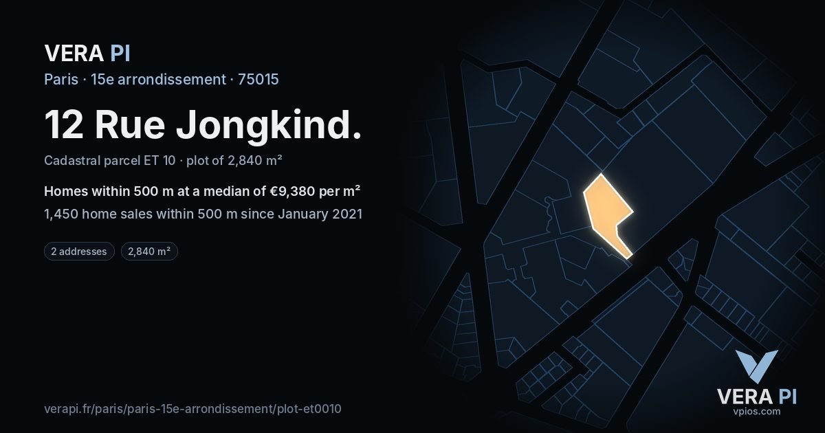 12 Rue Jongkind, 15e arrondissement at night – the plot lit, the parcels around coloured by the prices near them