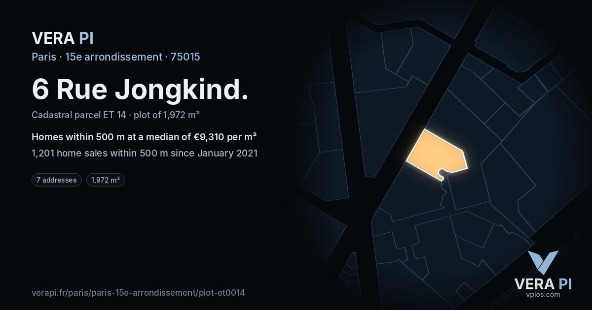 6 Rue Jongkind, 15e arrondissement at night – the plot lit, the parcels around coloured by the prices near them