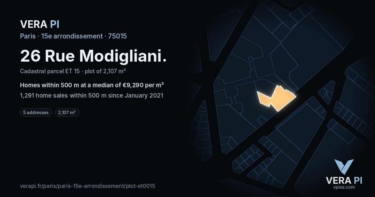 26 Rue Modigliani, 15e arrondissement at night – the plot lit, the parcels around coloured by the prices near them