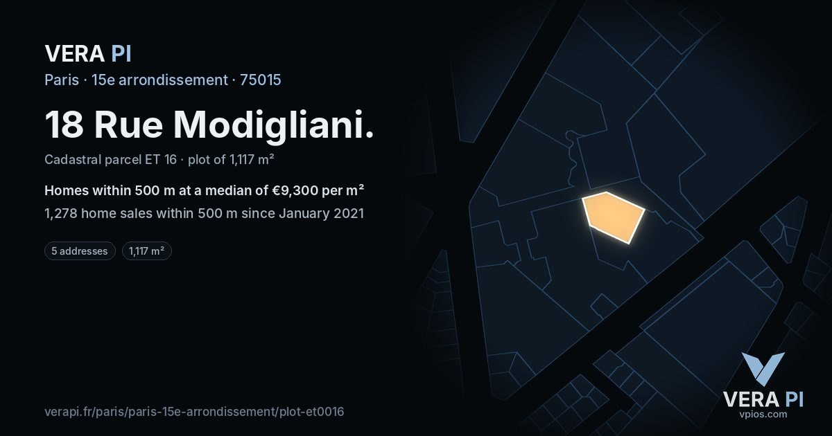18 Rue Modigliani, 15e arrondissement at night – the plot lit, the parcels around coloured by the prices near them
