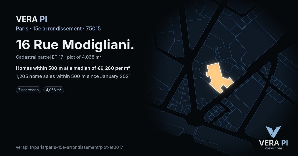 16 Rue Modigliani, 15e arrondissement at night – the plot lit, the parcels around coloured by the prices near them