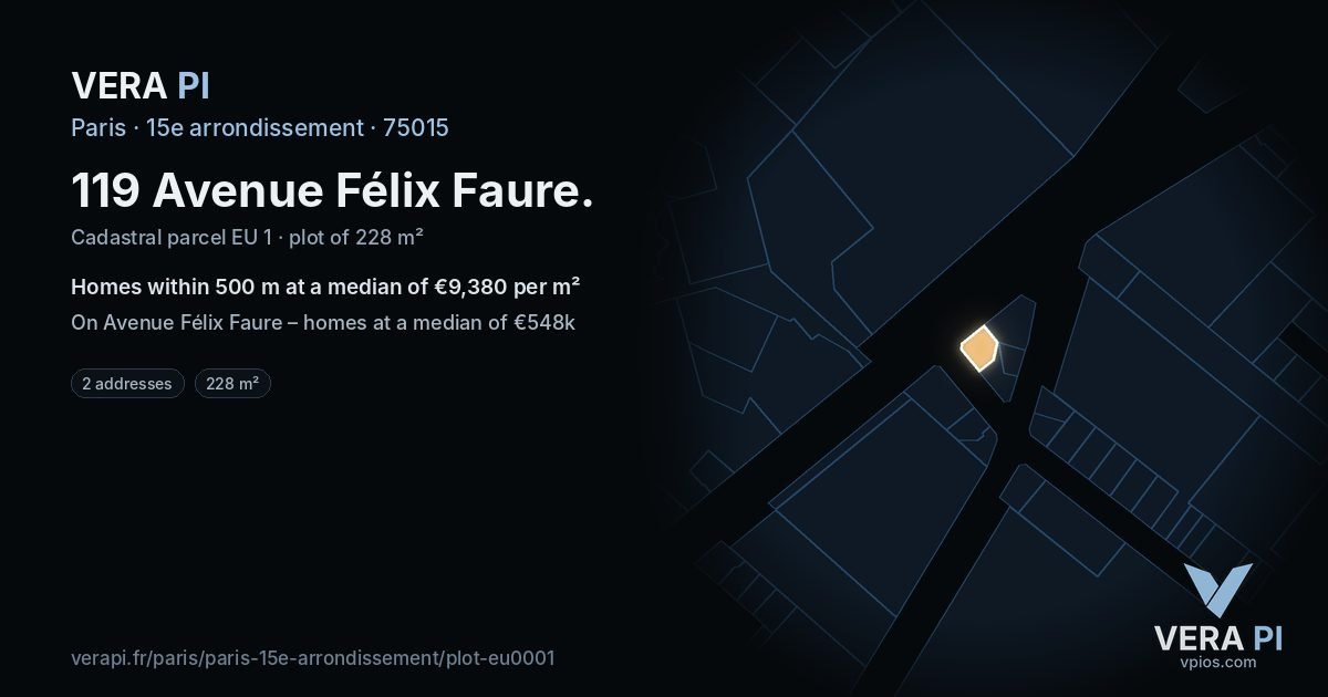 119 Avenue Félix Faure, 15e arrondissement at night – the plot lit, the parcels around coloured by the prices near them