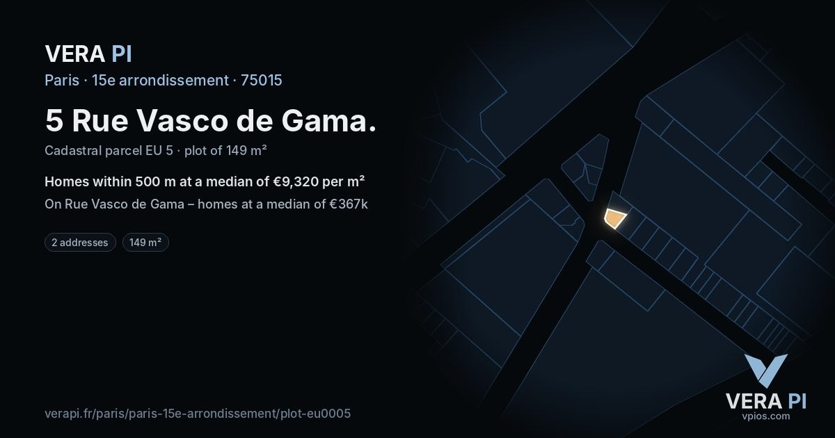 5 Rue Vasco de Gama, 15e arrondissement at night – the plot lit, the parcels around coloured by the prices near them