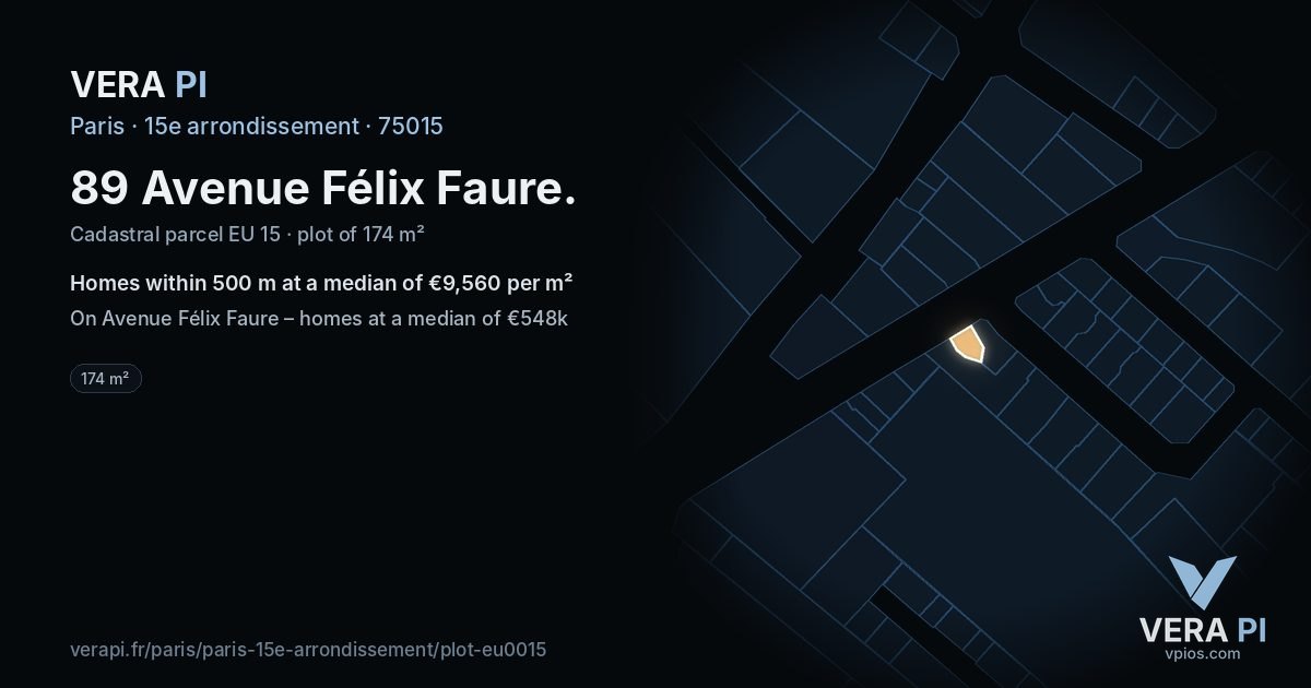 89 Avenue Félix Faure, 15e arrondissement at night – the plot lit, the parcels around coloured by the prices near them
