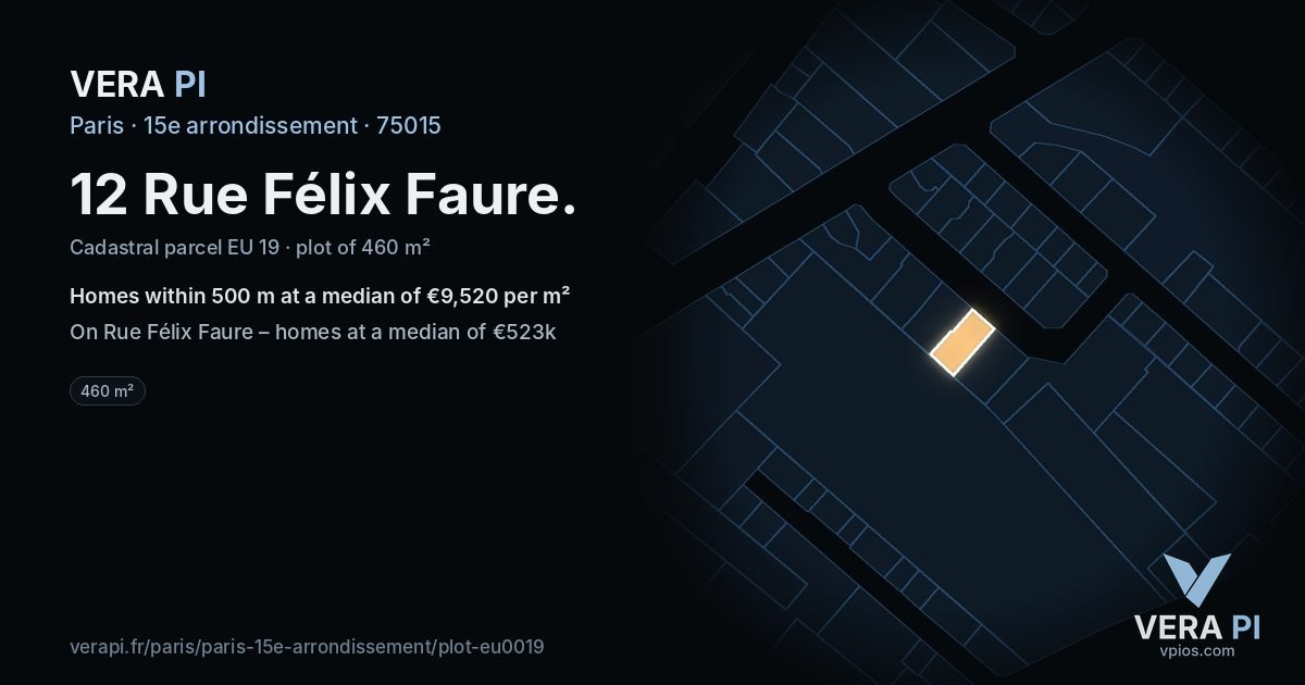 12 Rue Félix Faure, 15e arrondissement at night – the plot lit, the parcels around coloured by the prices near them