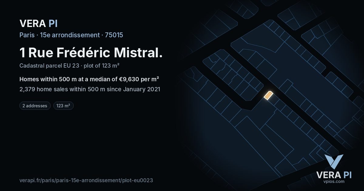 1 Rue Frédéric Mistral, 15e arrondissement at night – the plot lit, the parcels around coloured by the prices near them