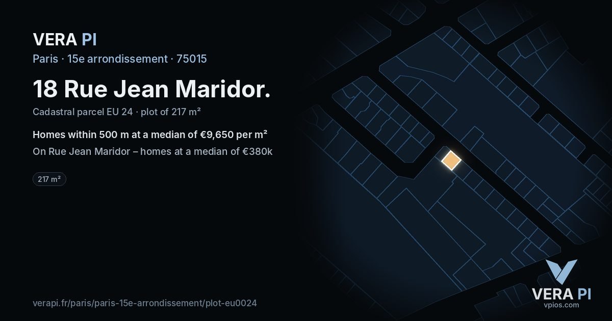 18 Rue Jean Maridor, 15e arrondissement at night – the plot lit, the parcels around coloured by the prices near them