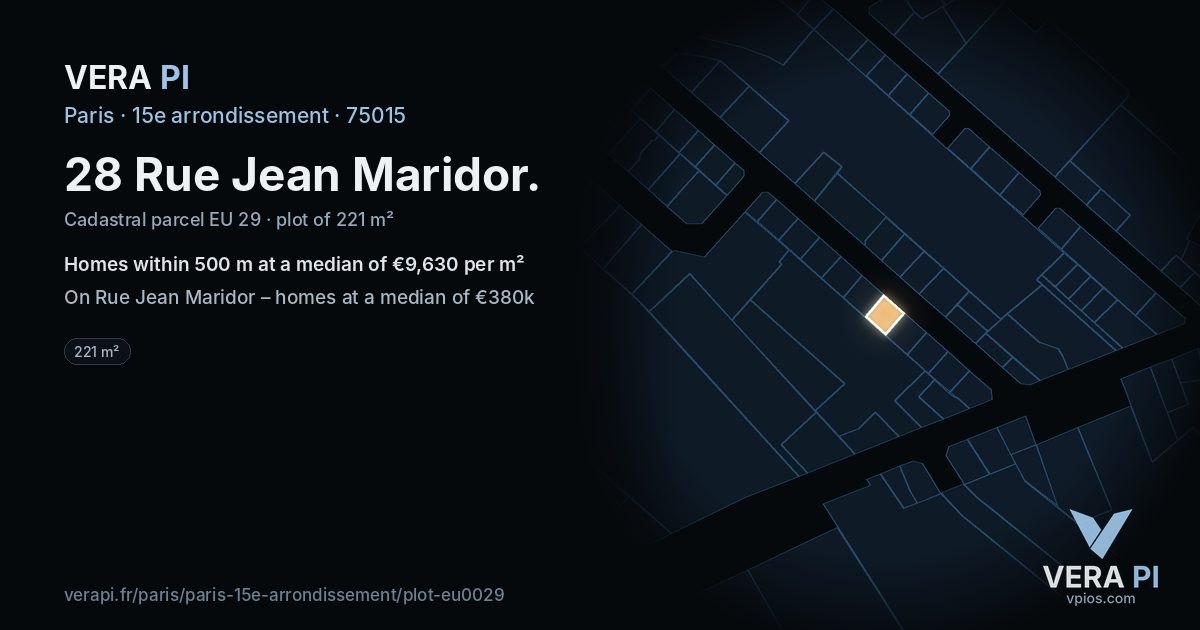 28 Rue Jean Maridor, 15e arrondissement at night – the plot lit, the parcels around coloured by the prices near them