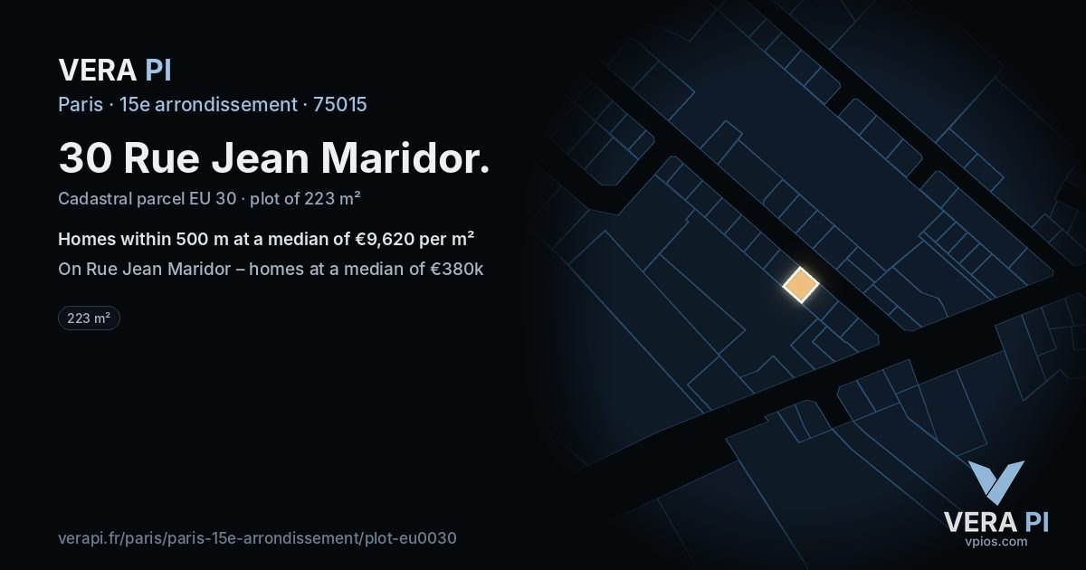 30 Rue Jean Maridor, 15e arrondissement at night – the plot lit, the parcels around coloured by the prices near them
