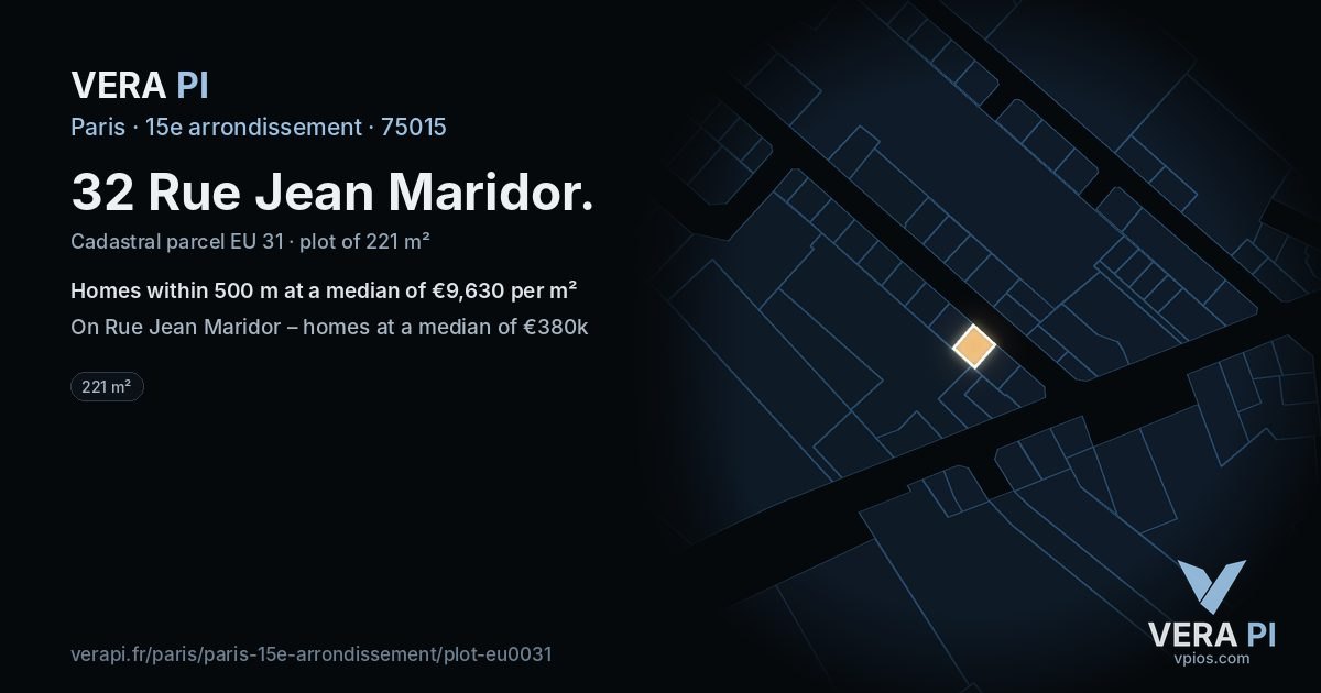 32 Rue Jean Maridor, 15e arrondissement at night – the plot lit, the parcels around coloured by the prices near them