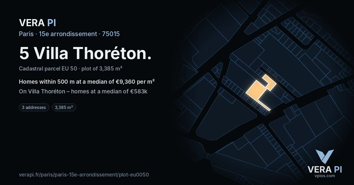 5 Villa Thoréton, 15e arrondissement at night – the plot lit, the parcels around coloured by the prices near them