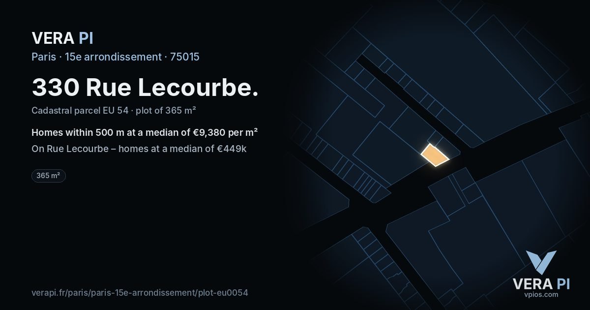 330 Rue Lecourbe, 15e arrondissement at night – the plot lit, the parcels around coloured by the prices near them