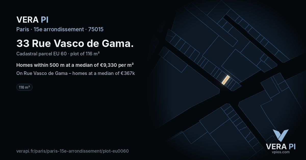 33 Rue Vasco de Gama, 15e arrondissement at night – the plot lit, the parcels around coloured by the prices near them