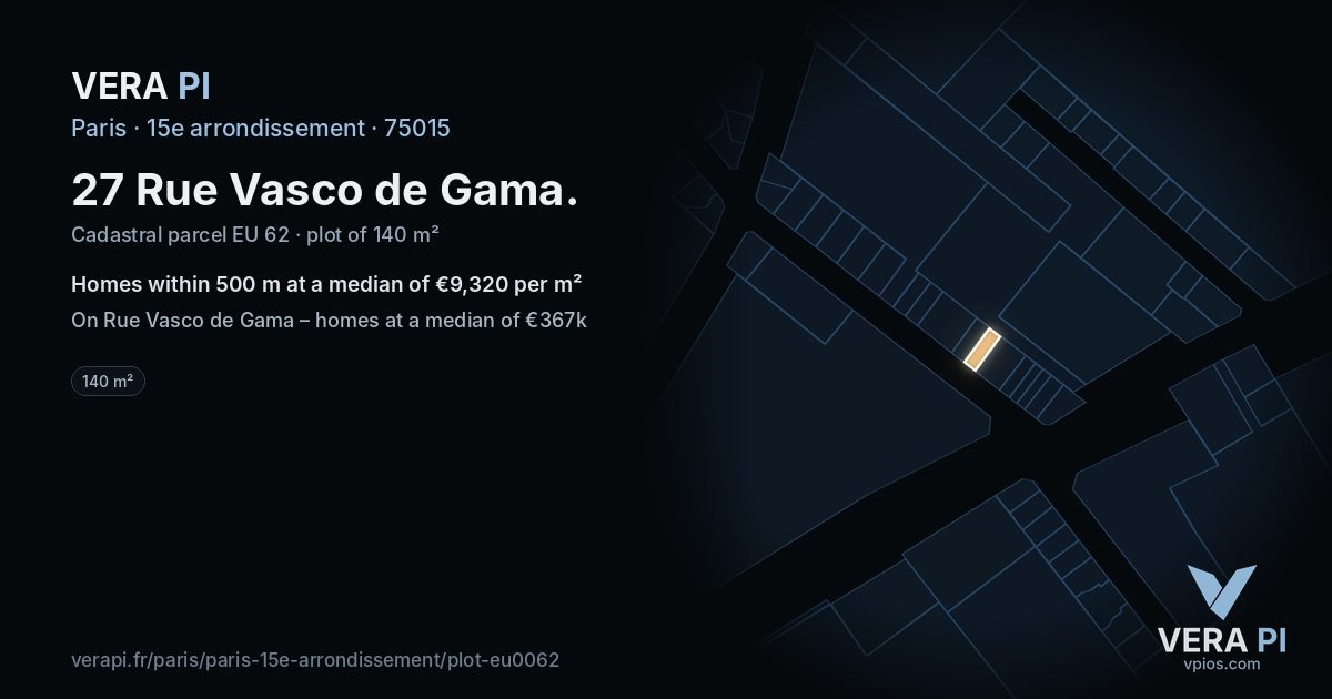 27 Rue Vasco de Gama, 15e arrondissement at night – the plot lit, the parcels around coloured by the prices near them