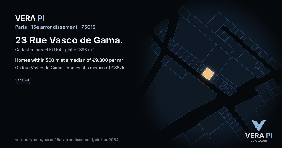 23 Rue Vasco de Gama, 15e arrondissement at night – the plot lit, the parcels around coloured by the prices near them