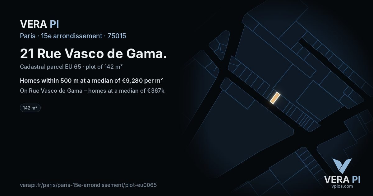 21 Rue Vasco de Gama, 15e arrondissement at night – the plot lit, the parcels around coloured by the prices near them