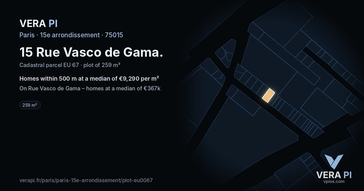 15 Rue Vasco de Gama, 15e arrondissement at night – the plot lit, the parcels around coloured by the prices near them