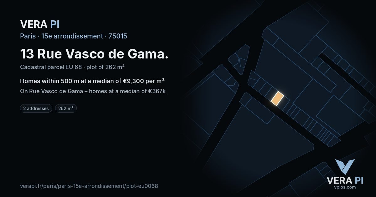 13 Rue Vasco de Gama, 15e arrondissement at night – the plot lit, the parcels around coloured by the prices near them