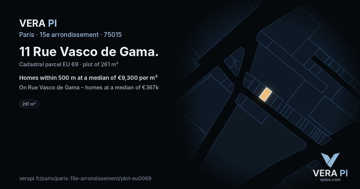 11 Rue Vasco de Gama, 15e arrondissement at night – the plot lit, the parcels around coloured by the prices near them