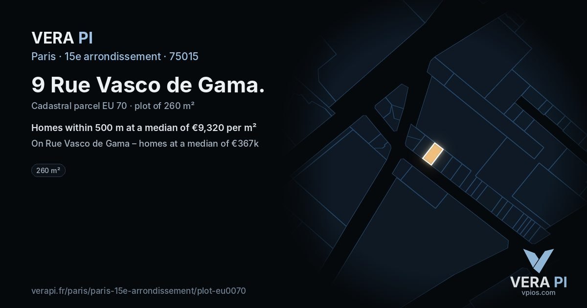 9 Rue Vasco de Gama, 15e arrondissement at night – the plot lit, the parcels around coloured by the prices near them