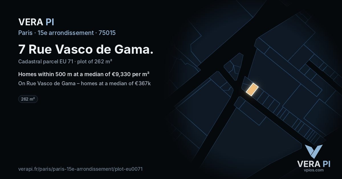 7 Rue Vasco de Gama, 15e arrondissement at night – the plot lit, the parcels around coloured by the prices near them