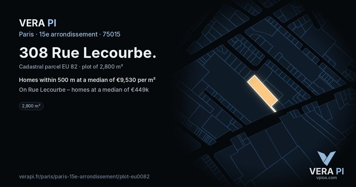 308 Rue Lecourbe, 15e arrondissement at night – the plot lit, the parcels around coloured by the prices near them