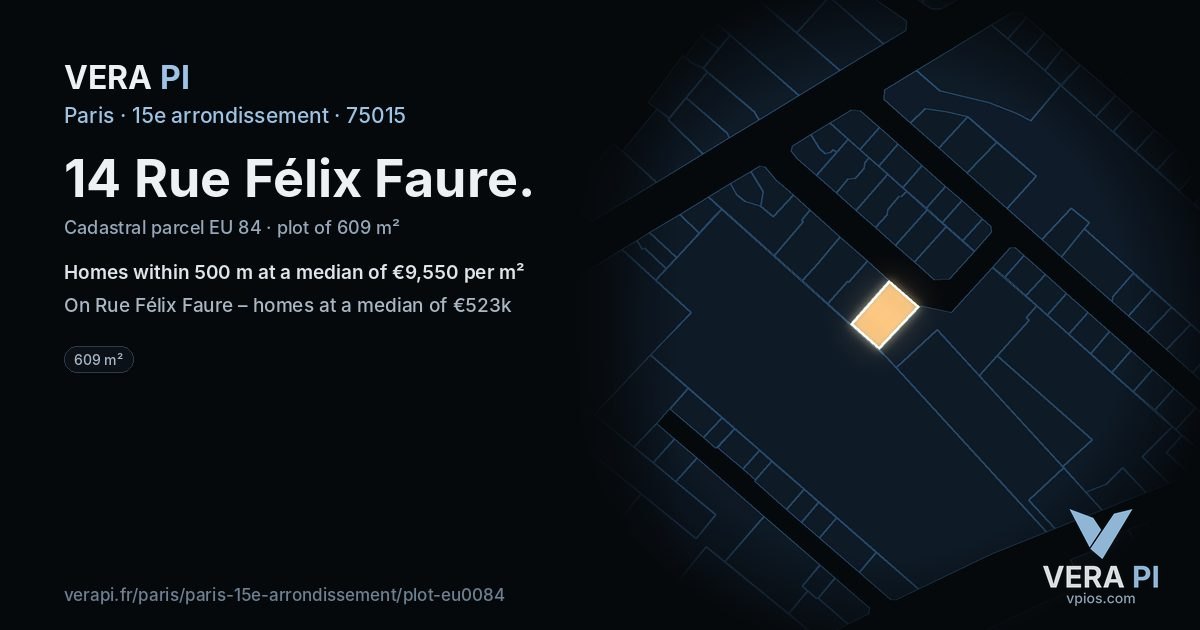 14 Rue Félix Faure, 15e arrondissement at night – the plot lit, the parcels around coloured by the prices near them
