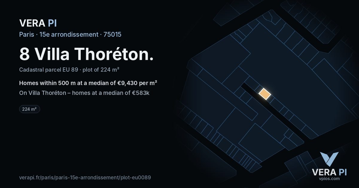 8 Villa Thoréton, 15e arrondissement at night – the plot lit, the parcels around coloured by the prices near them