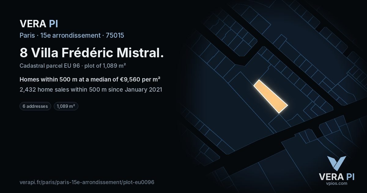 8 Villa Frédéric Mistral, 15e arrondissement at night – the plot lit, the parcels around coloured by the prices near them