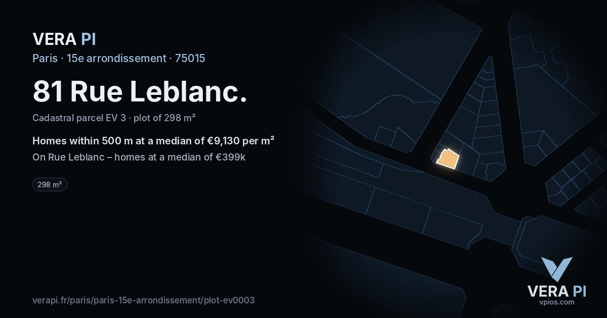 81 Rue Leblanc, 15e arrondissement at night – the plot lit, the parcels around coloured by the prices near them