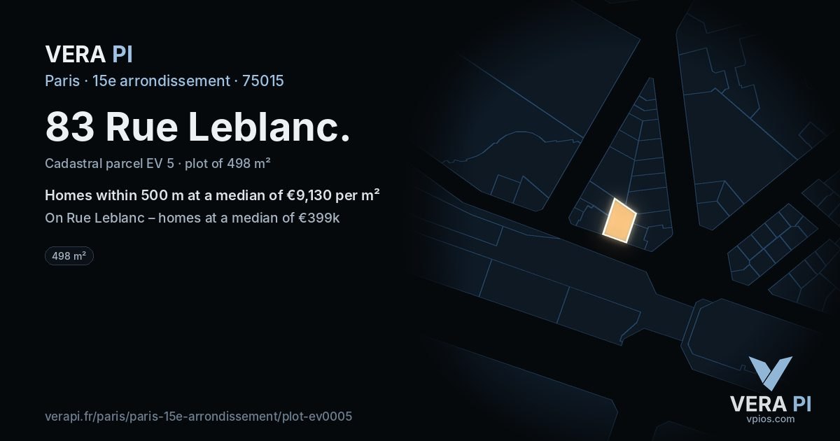 83 Rue Leblanc, 15e arrondissement at night – the plot lit, the parcels around coloured by the prices near them