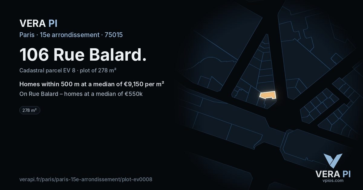 106 Rue Balard, 15e arrondissement at night – the plot lit, the parcels around coloured by the prices near them