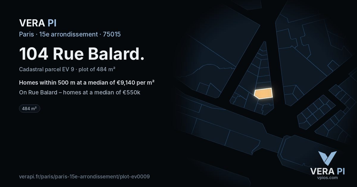 104 Rue Balard, 15e arrondissement at night – the plot lit, the parcels around coloured by the prices near them