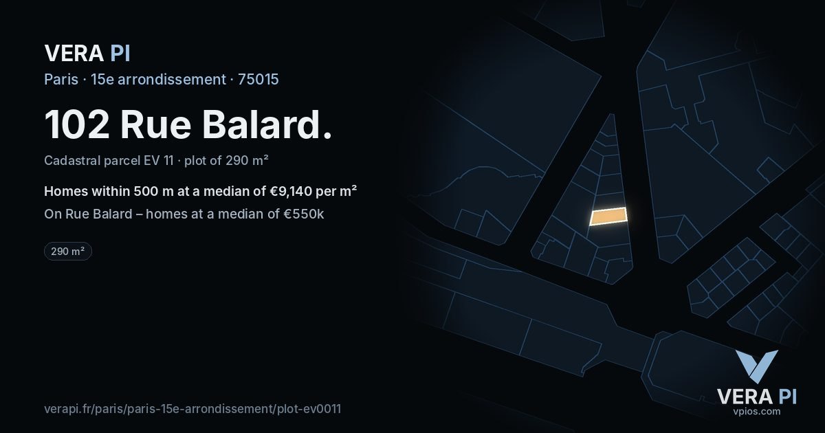 102 Rue Balard, 15e arrondissement at night – the plot lit, the parcels around coloured by the prices near them