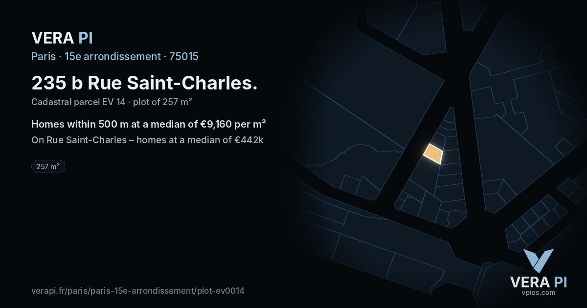 235 b Rue Saint-Charles, 15e arrondissement at night – the plot lit, the parcels around coloured by the prices near them