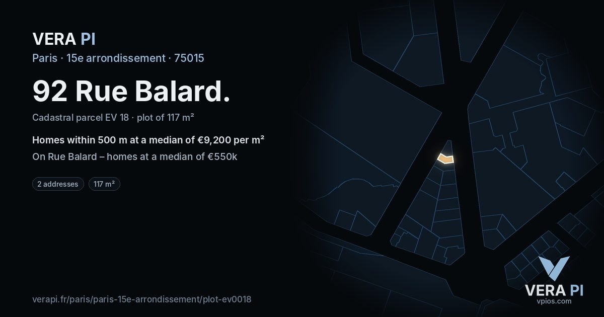 92 Rue Balard, 15e arrondissement at night – the plot lit, the parcels around coloured by the prices near them