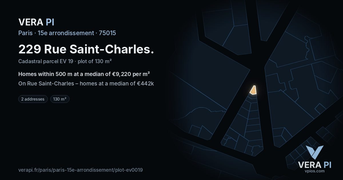229 Rue Saint-Charles, 15e arrondissement at night – the plot lit, the parcels around coloured by the prices near them