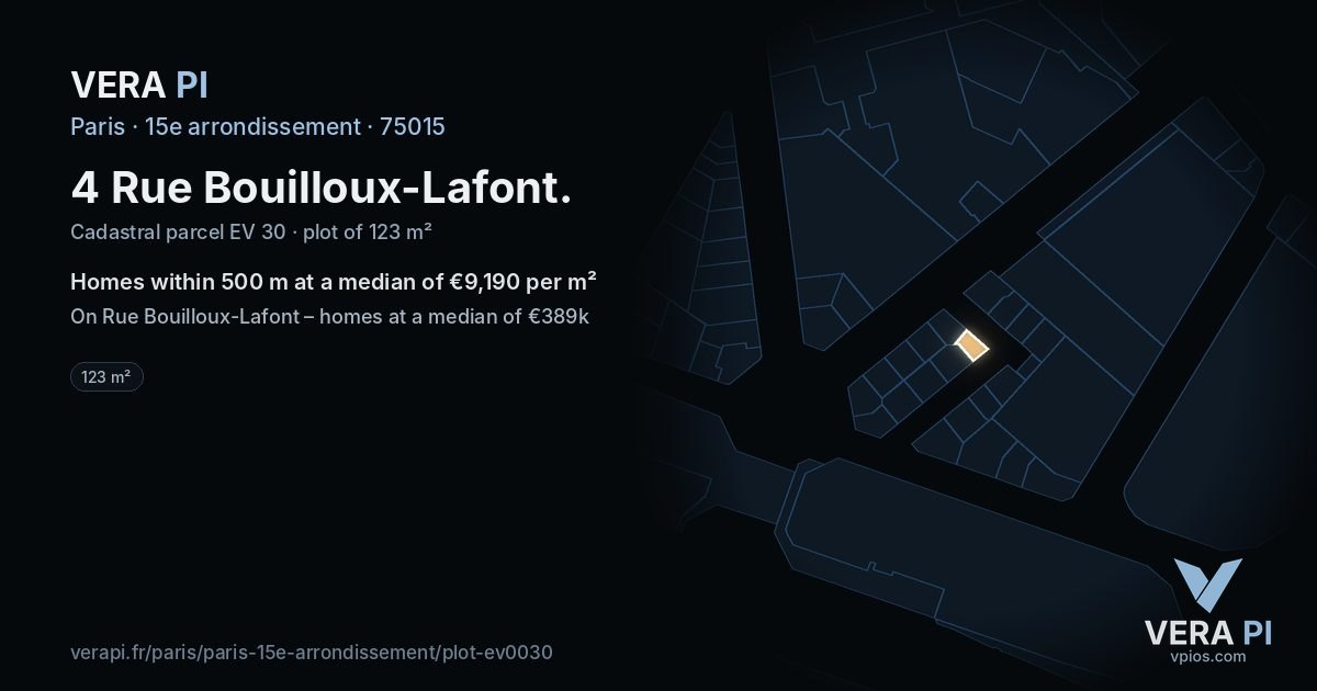 4 Rue Bouilloux-Lafont, 15e arrondissement at night – the plot lit, the parcels around coloured by the prices near them