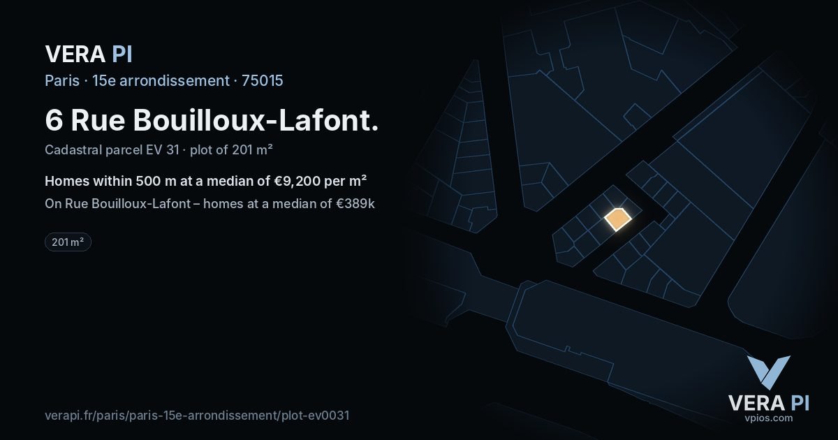 6 Rue Bouilloux-Lafont, 15e arrondissement at night – the plot lit, the parcels around coloured by the prices near them