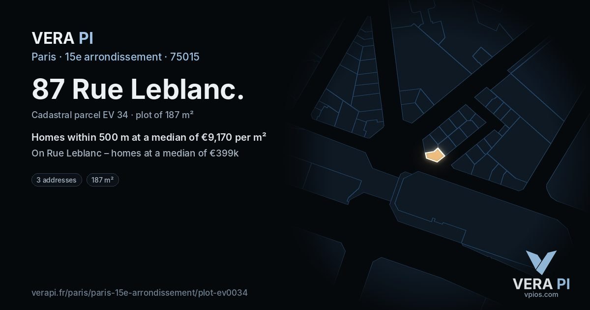 87 Rue Leblanc, 15e arrondissement at night – the plot lit, the parcels around coloured by the prices near them