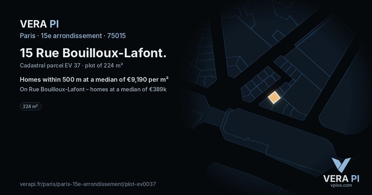 15 Rue Bouilloux-Lafont, 15e arrondissement at night – the plot lit, the parcels around coloured by the prices near them
