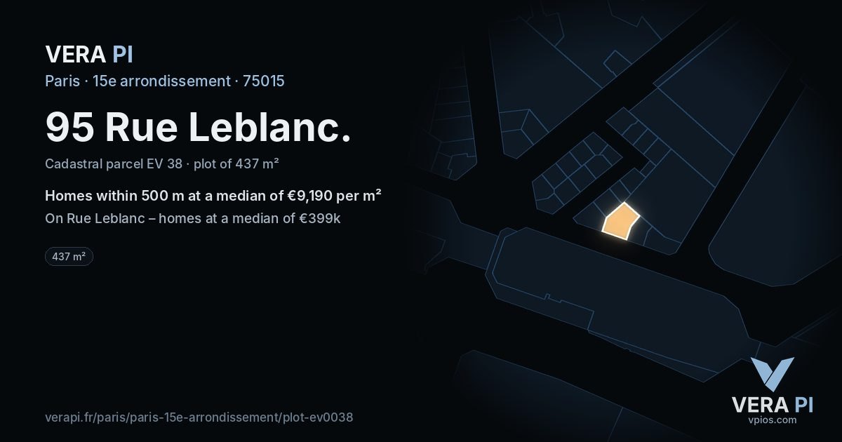 95 Rue Leblanc, 15e arrondissement at night – the plot lit, the parcels around coloured by the prices near them